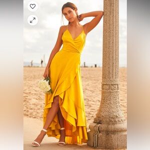 Lulus In Love Forever Mustard Yellow Satin Lace-Up High-Low Maxi Dress